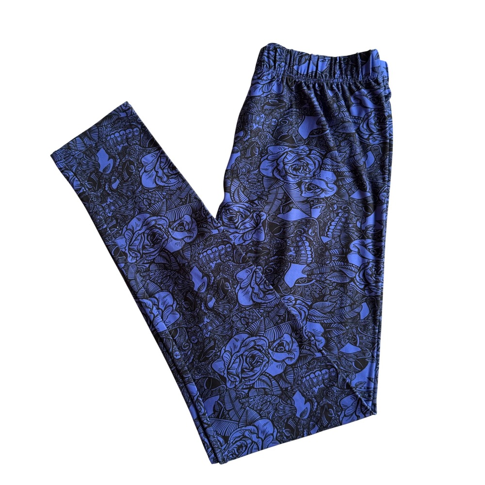 New Floral Skull Leggings Blue Gothic Graphic Yoga Pants Goth Activewear S/M